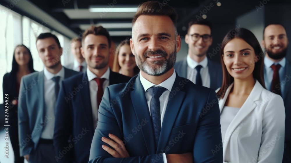 A group of people in suits and ties are smiling for the camera. The man in the center is wearing a tie and has his arms crossed. The group appears to be professional and happy A group of people in suits and ties are smiling for the camera. The man in the center is wearing a tie and has his arms crossed. The group appears to be professional and happy