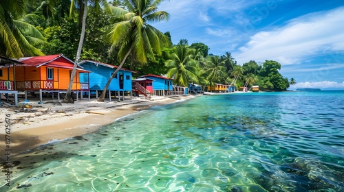 Vibrant beach huts along a clear  turquoise shoreline surrounded by palm trees on a sunny tropical island.