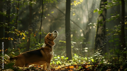 A beagle dog exploring and sniffing the forest during a serene nature walk through a lush green woodland.