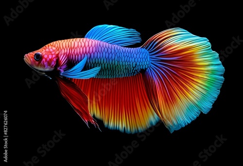 Vibrant Rainbow Betta Fish on Black Background, A stunning betta fish with vivid rainbow colors and flowing fins, captured against a stark black background. photo