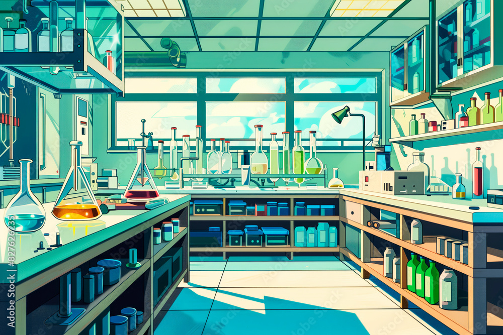An illustration of the interior of a scientific laboratory, laboratory equipment for conducting tests in chemistry, medicine and biology. An illustration of the interior of a scientific laboratory, laboratory equipment for conducting tests in chemistry, medicine and biology.