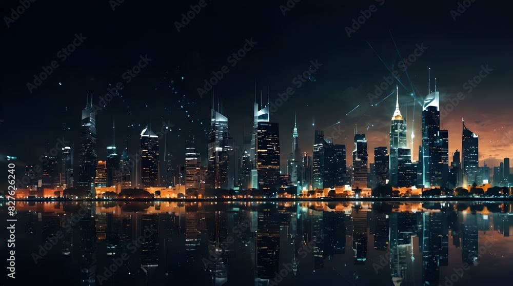 Abstract nighttime cityscape background. Smart city, artificial intelligence, and digital transformation concept. Double exposure.