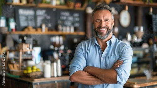 Friendly Businessman Standing In Cozy Coffee Shop With Warm Lighting