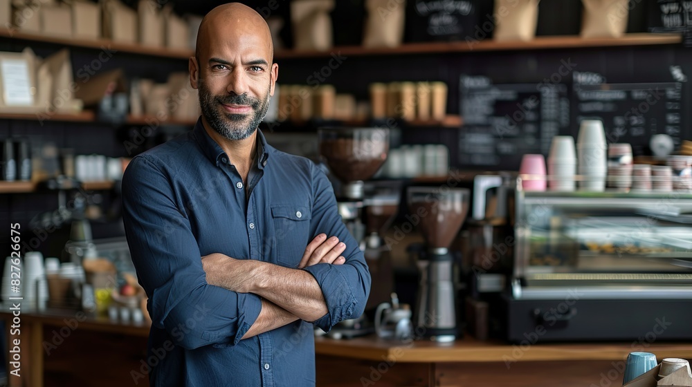 Obraz premium Friendly Businessman Standing In Cozy Coffee Shop With Warm Lighting