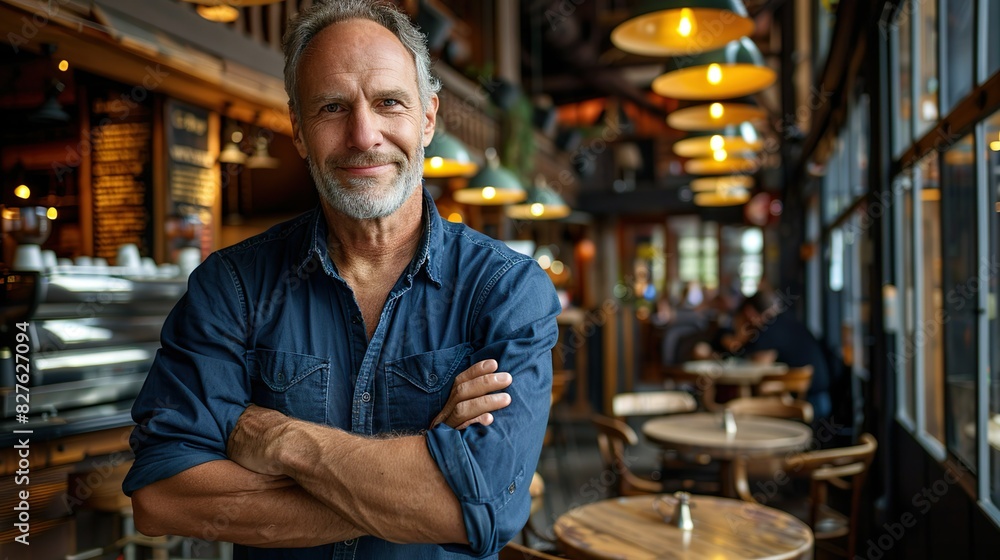 Happy Businessman Standing Proudly In Well-Designed Coffee Shop Happy Businessman Standing Proudly In Well-Designed Coffee Shop