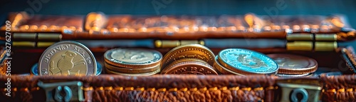 Close-up of assorted coins in a rustic leather wallet, depicting financial management and savings in a vintage setting.