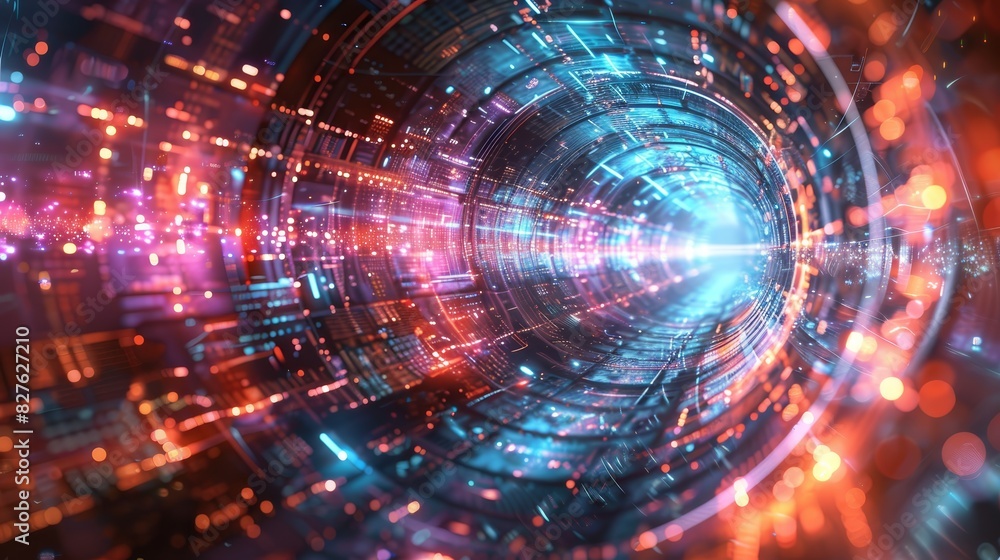 Obraz premium Futuristic digital tunnel with vibrant neon lights and glowing patterns, representing advanced technology and speed of data transfer.