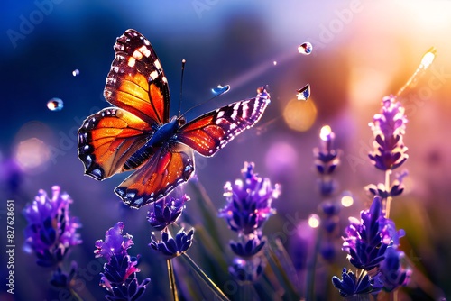 Colorful Butterfly on blossom with rays of sunlight