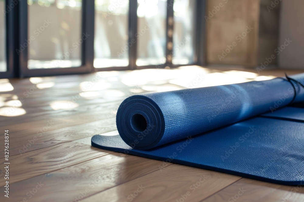 Blue yoga mats rolled up in a sunlit room, waiting for a morning session, highlighting the peaceful ambiance and fitness readiness Blue yoga mats rolled up in a sunlit room, waiting for a morning session, highlighting the peaceful ambiance and fitness readiness