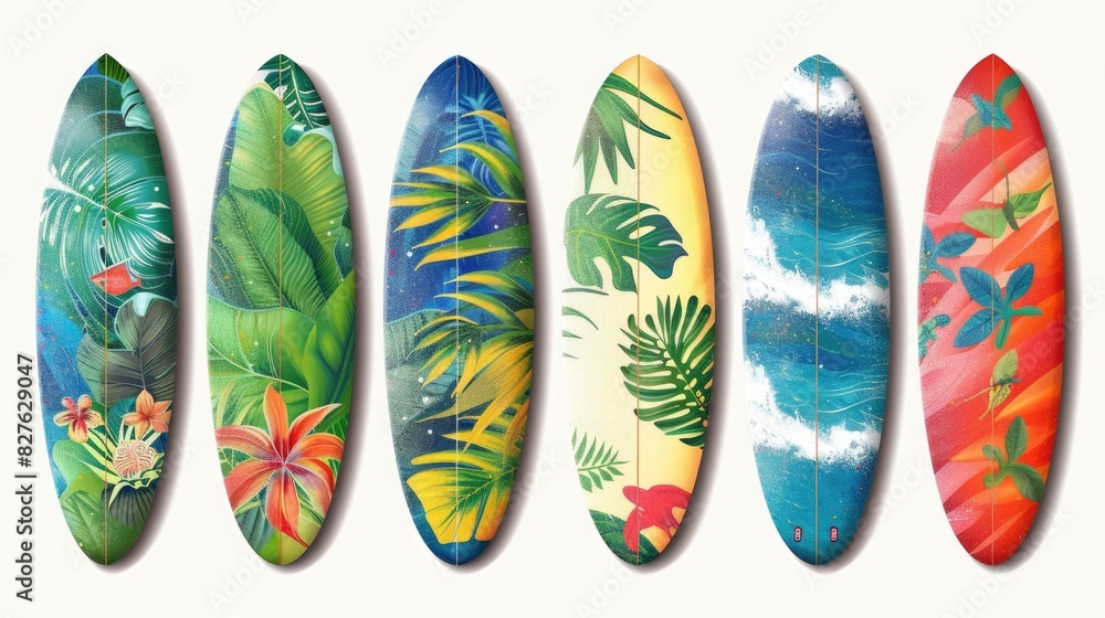 A collection of surfboards with tropical designs. The surfboards are painted with bright colors and various tropical plants
