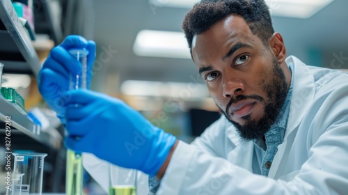 Black scientist analyzes test tubes and lab plants, studies biodiversity, and conserves species. Future goals in agriculture, food security, or lab research