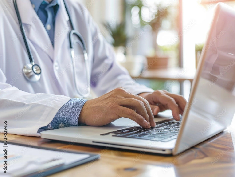 A doctor is typing on a laptop computer. The doctor is wearing a white lab coat and is using a stethoscope A doctor is typing on a laptop computer. The doctor is wearing a white lab coat and is using a stethoscope