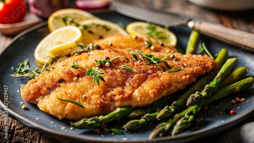 Red fish steak with asparagus . Selective focus. Generative AI,