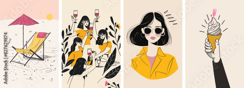 Collection of minimal summer poster cover designs. Summer vacation background