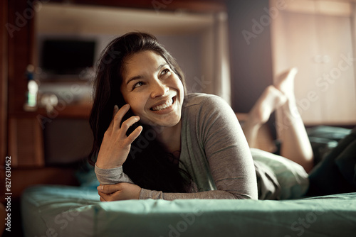 Home, smile and woman with phone call on bed for contact, conversation and online connectivity. Thinking, female person and relax with smartphone in house for digital network, communication and chat