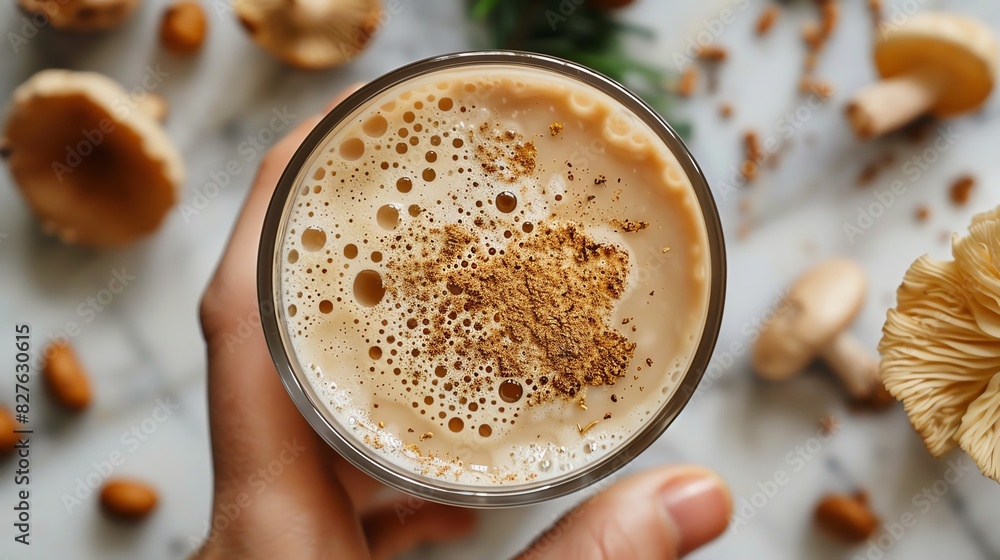 Healthy drinks, Close-up of a glass of mushroom coffee with cinnamon on top. Healthy drinks, Close-up of a glass of mushroom coffee with cinnamon on top.