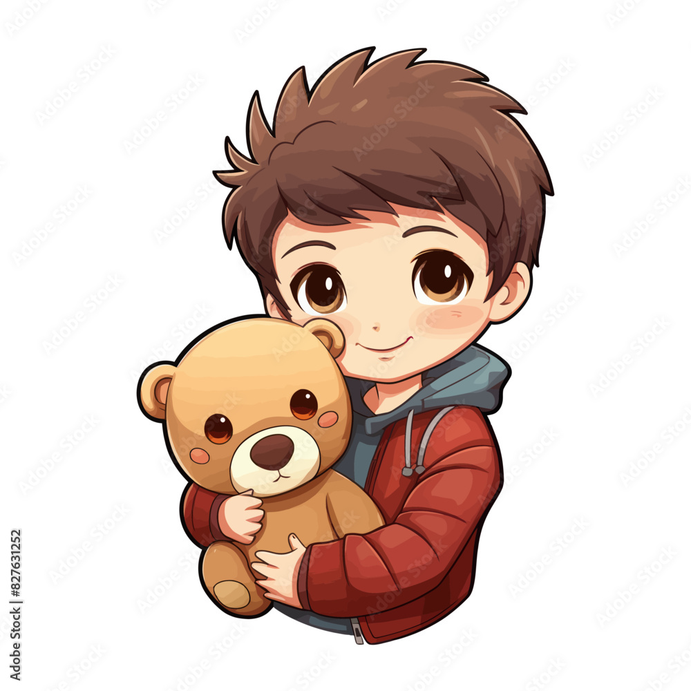 Obraz premium Vector illustration of a cute boy hugging a teddy bear, perfect for children's themes and adorable designs.