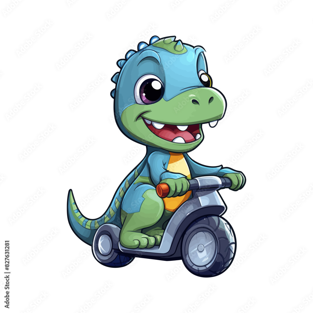 Fototapeta premium Vector illustration of a cheerful dinosaur riding a scooter, ideal for children's and playful designs.