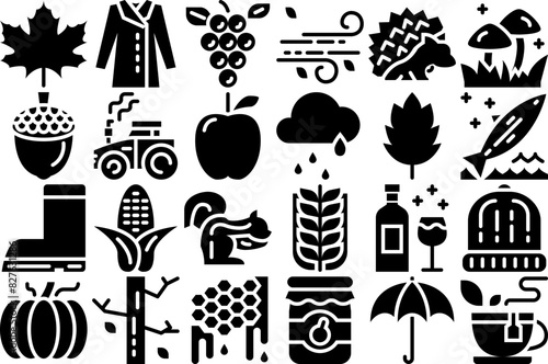 A Collection Of Autumn Glyph Icons Silhouette Vector Logo Design Containing Season,Animal,Autumn,Fall,Weather Vector Illustration Linear Pictogram Pack