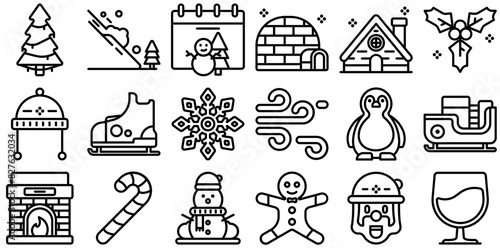 Set Of Linear Winter Vector Symbols Apps, Websites Ui Designs Suitable For Snow,House,Warm,Winter,Christmas Simple Black Style Symbol Sign For Apps And Website, Vector Illustration