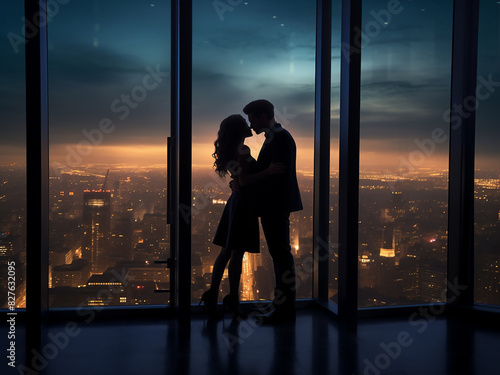 Against a city's night skyline, a couple kisses by a panoramic window, romance under the stars © Llama-World-studio