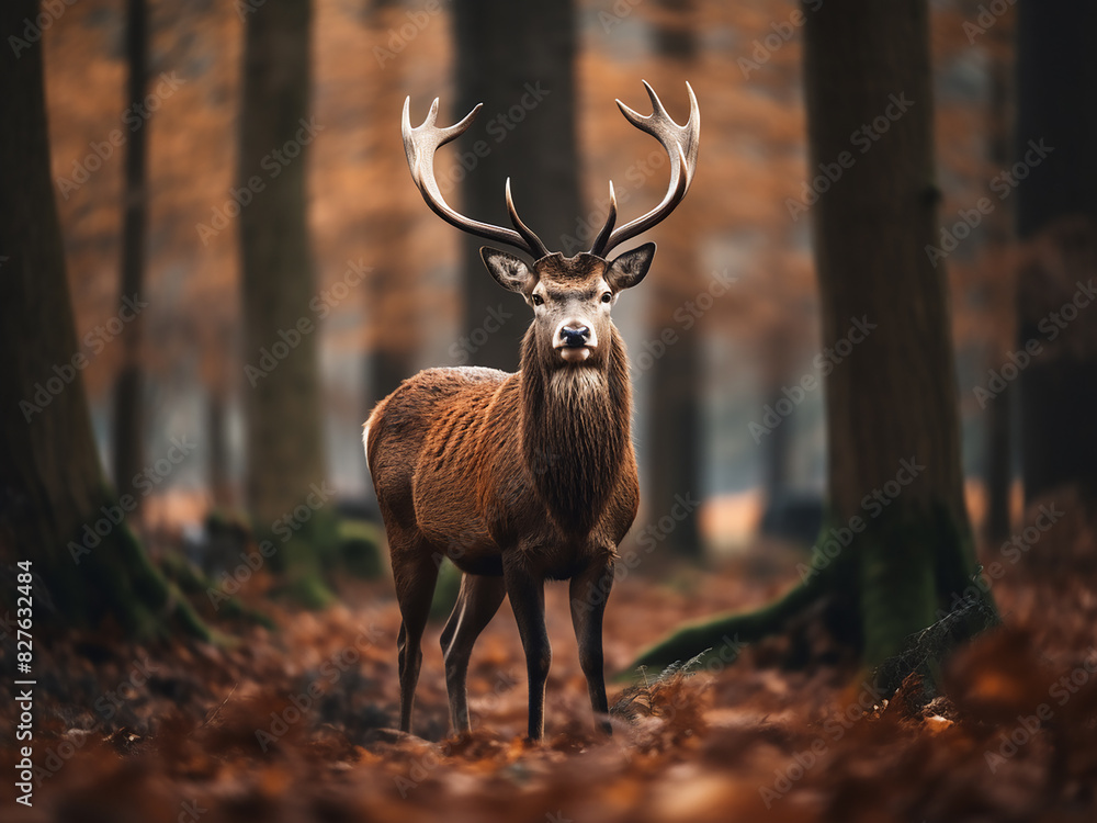 Fototapeta premium Autumn forest hosts a majestic, powerful adult male red deer stag