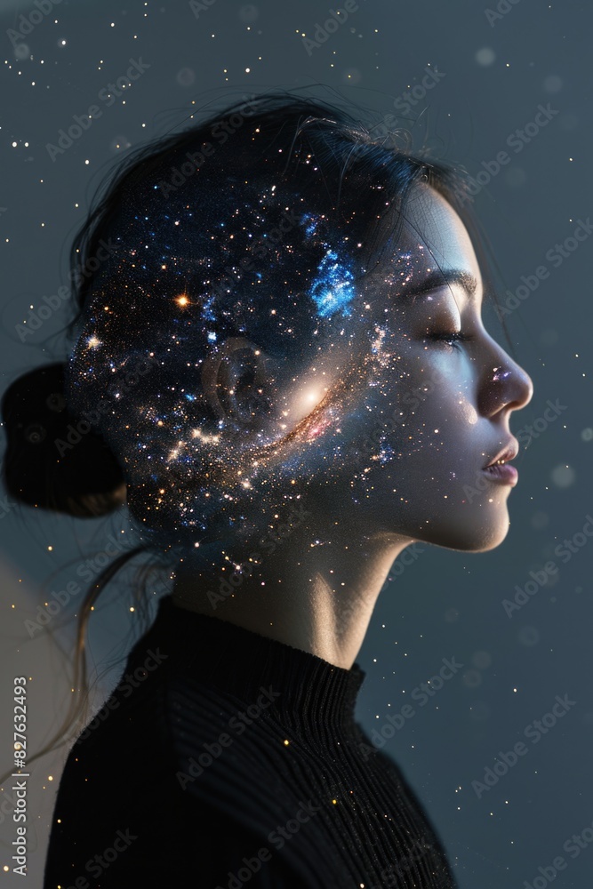 A woman's face is shown in a painting of the stars. The painting is of a woman with a black shirt and a bun A woman's face is shown in a painting of the stars. The painting is of a woman with a black shirt and a bun