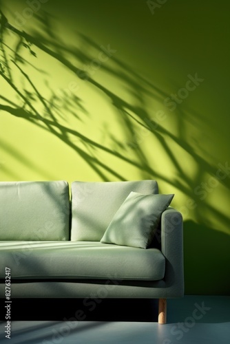 A green couch is sitting in front of a green wall. The couch is the main focus of the image, and it is the most prominent object in the scene