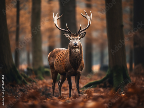 Autumn forest hosts a majestic, powerful adult male red deer stag © Llama-World-studio