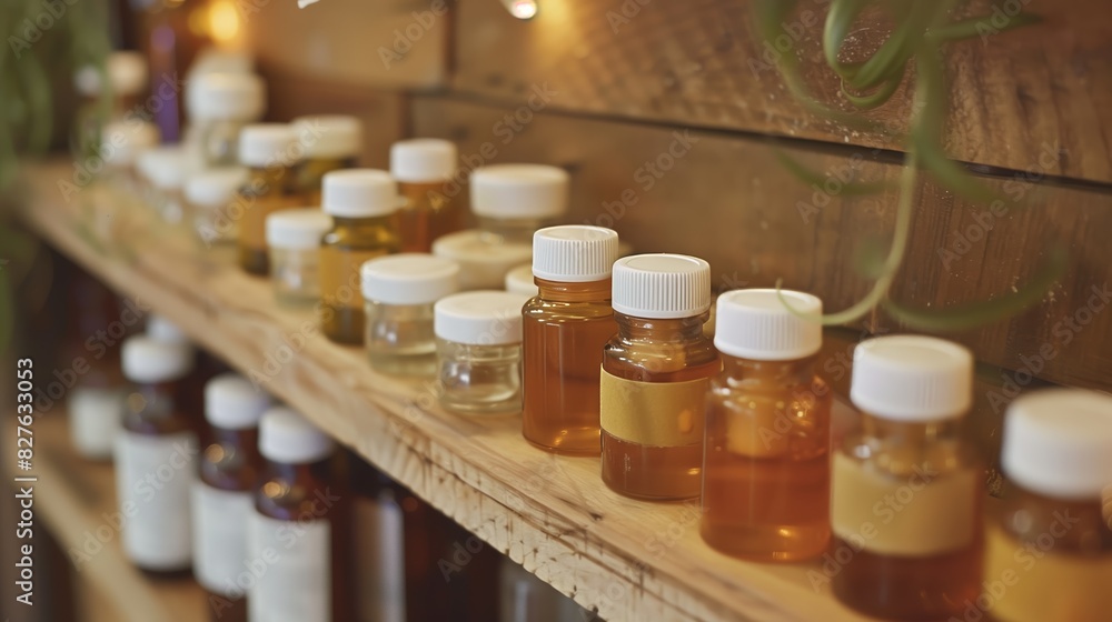 Ayurvedic oils and balms on a wooden shelf, bathed in delicate lighting, evoke tranquility and wellness. Ayurvedic oils and balms on a wooden shelf, bathed in delicate lighting, evoke tranquility and wellness.