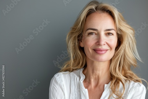Anti-aging, skincare, and lovely mature woman smiling on gray background. Middle-aged American woman with health, wellness, and wrinkles on clean skin.