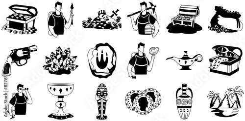 Set Of Treasure Hunting Semisolid Vector Symbols Apps, Websites Ui Designs Suitable For Treasure,Gold,Treasury,Archeologist,Old Outline Icons Collection. Simple Vector Illustration