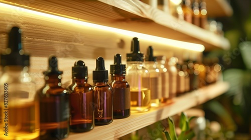 Ayurvedic oils and balms on a wooden shelf gleam under soft lighting, inviting tranquility and wellness.