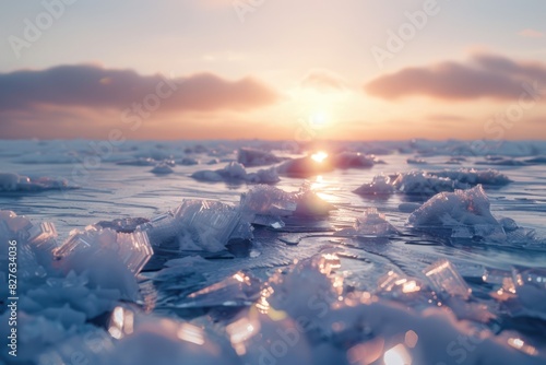 A beautiful sunset over a body of water with ice and snow. The sun is setting and the sky is filled with clouds. The water is frozen and the ice is scattered throughout the scene photo