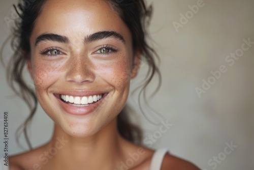 Skincare, makeup, or natural aesthetic for healthy face cosmetics in closeup, woman, and studio portrait Macro, facial beauty model, and cosmetics for bright skin, face, and self-love photo