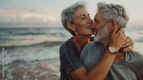 Senior couple kiss and adore on beach for retirement vacation and tropical travel. Happy man, old woman, and ocean hug for partner's trust, support, and loyalty on date.