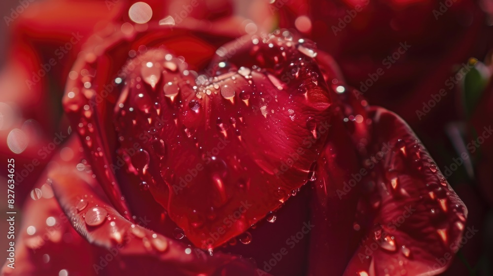 A close up of a red rose with water droplets on it. The droplets are arranged in a heart shape, giving the rose a romantic and delicate appearance A close up of a red rose with water droplets on it. The droplets are arranged in a heart shape, giving the rose a romantic and delicate appearance