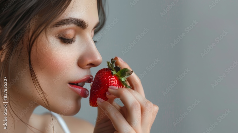 Health, closeup, and woman eating strawberry in studio for nutrition. Healthy, beautiful, and zoomed female model with fruit for natural skin detox on gray background. Health, closeup, and woman eating strawberry in studio for nutrition. Healthy, beautiful, and zoomed female model with fruit for natural skin detox on gray background.