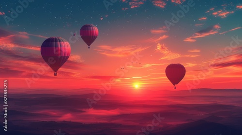 A sunset balloon scene, with the balloons silhouetted against the colorful sky. The minimalist style focuses on the serene and magical atmosphere of the moment, highlighting the beauty of the