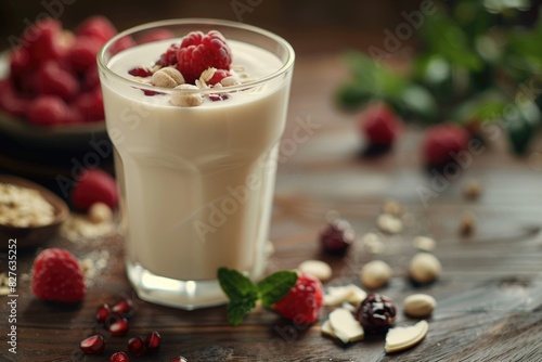 A glass of milk with raspberries and nuts on a wooden table. Concept of freshness and healthiness, as the milk is a nutritious beverage and the raspberries and nuts add a touch of natural sweetness