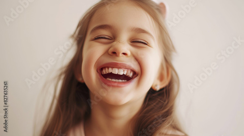 A young girl is smiling and laughing while her teeth are visible. Concept of happiness and joy