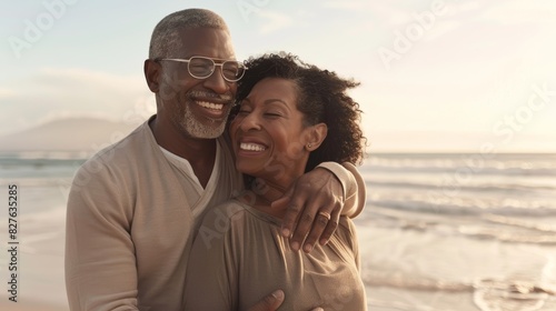 Love, hug, and senior couple at beach relax and unite in nature. Ocean, hug, and old folks hugging at sea for travel, vacation, retirement, independence, or excursion