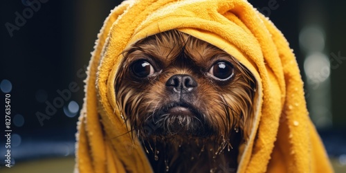 A small dog is standing in a bathtub with a towel wrapped around its head. The dog appears to be wet and is looking up at the camera. Concept of playfulness and lightheartedness photo