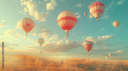 A sky full of balloons, each with unique designs and colors, floating over a serene field. The minimalist approach emphasizes the beauty and diversity of the balloons against the expansive sky. © taelefoto