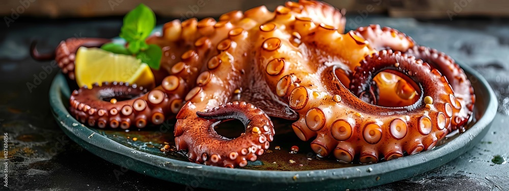 Obraz premium Fried octopus on a plate and a glass of wine. selective focus. Generative AI,