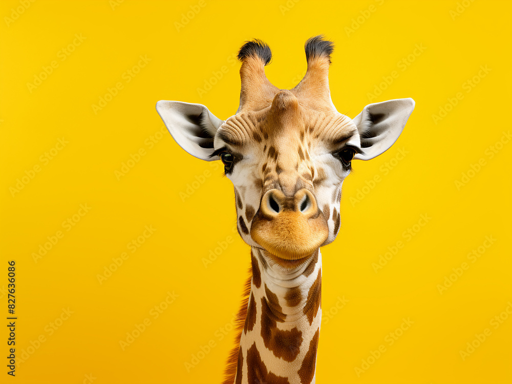 Obraz premium Against a vibrant yellow backdrop, a giraffe's image allows ample space for accompanying text