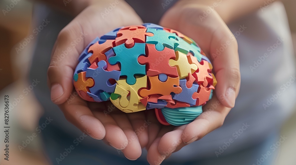 Close-up of hands holding a brain model intricately crafted with puzzle paper cutouts, serving as a powerful reminder of the challenges faced by individuals 