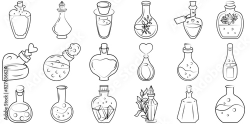 A Collection Of Potion Bottle Icons Web Header Banner Design Containing Magic,Potion,Magical,Glass,Bottle Vector Illustration Linear Pictogram Pack