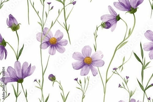 A painting of purple flowers with yellow centers. The flowers are arranged in a way that creates a sense of movement and depth. The overall mood of the painting is serene and peaceful