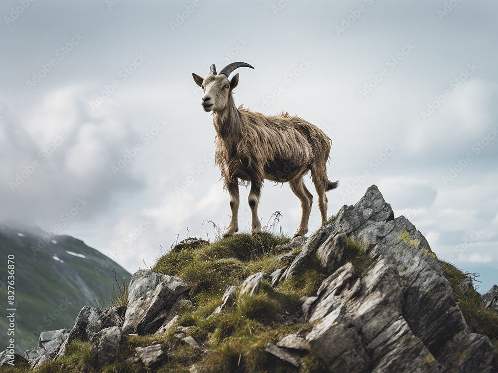Surveying the UK landscape, a goat stands tall on a mountain's summit Surveying the UK landscape, a goat stands tall on a mountain's summit